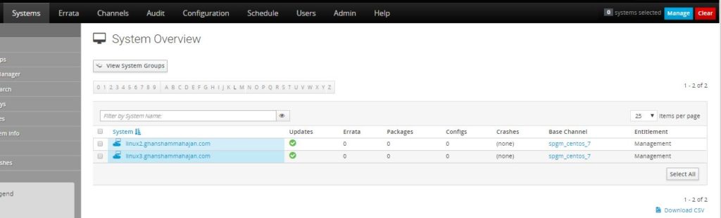 two client systems in spacewalk server