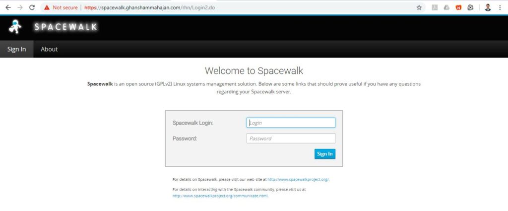 Spacewalk Dashboard Login Window