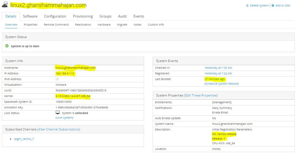 spacewalk client server information