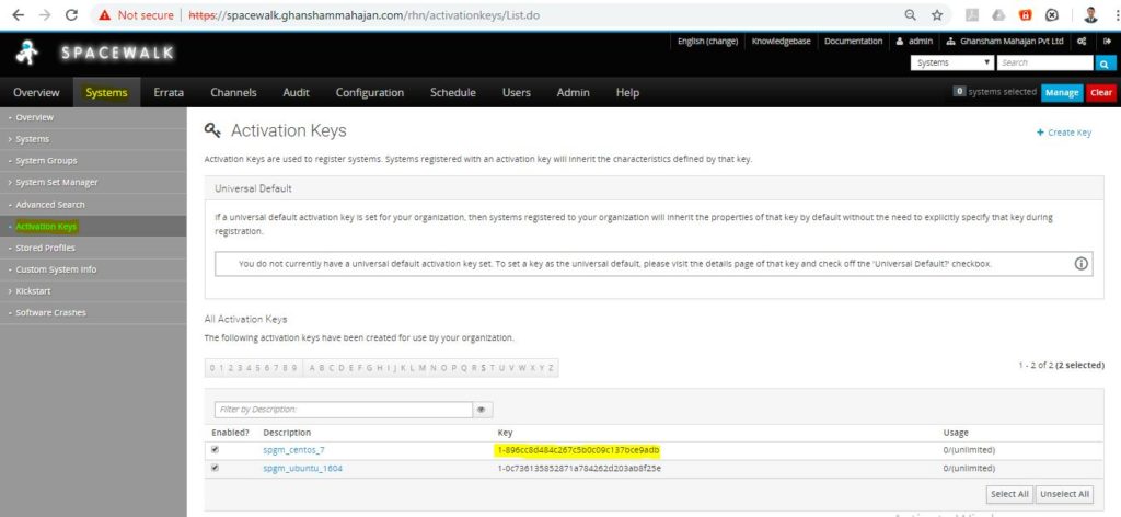 Spacewalk Server activation key