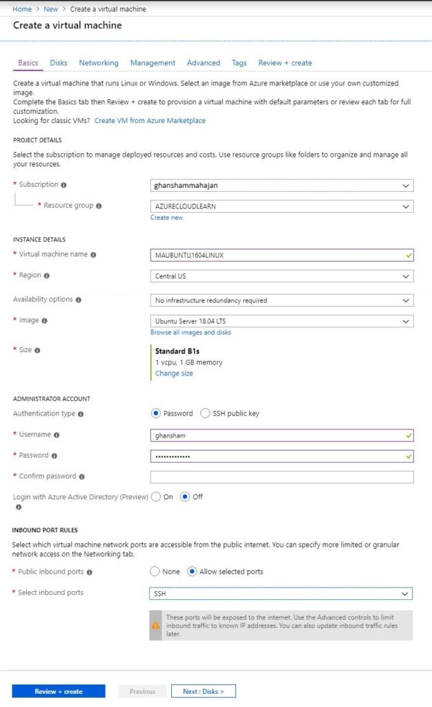 Azure VM Basics details